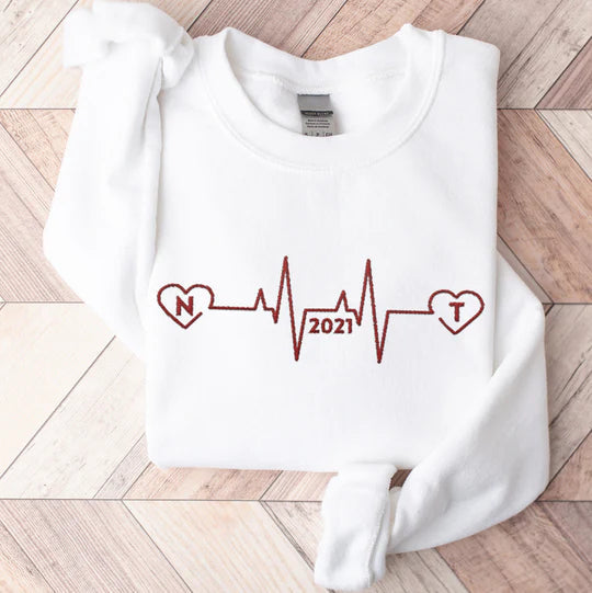 Custom Embroidered Heartbeat Sweatshirt With Initials And Year - Valentine's Day Or Birthday Gift For Her Him