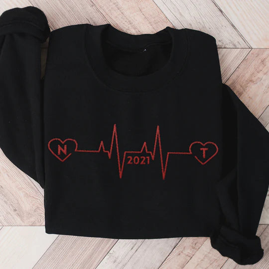 Custom Embroidered Heartbeat Sweatshirt With Initials And Year - Valentine's Day Or Birthday Gift For Her Him